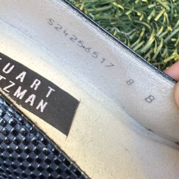 Stuart Weitzman Maeve 50 Low Block Heel Textured Navy Almond Toe Dress Shoes 8 - Picture 9 of 9